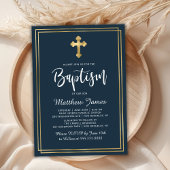 Goud Cross Modern Script Marine Blauw Jongen Doop Kaart