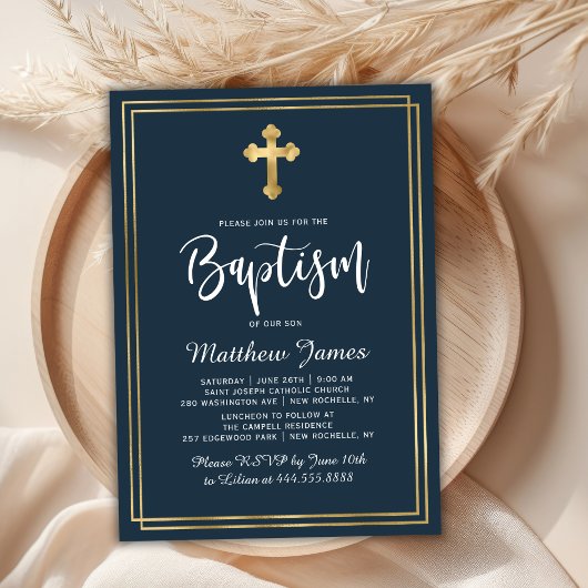 Goud Cross Modern Script Marine Blauw Jongen Doop Kaart