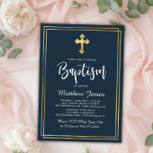 Goud Cross Modern Script Marine Blauw Jongen Doop Kaart