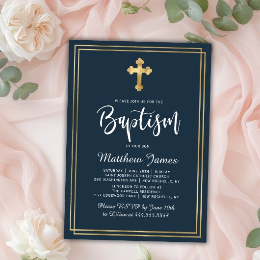 Goud Cross Modern Script Marine Blauw Jongen Doop Kaart