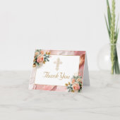Goud  Cross Peach Roze Bloemen Meisje Doop Bedankkaart (Voorkant)