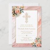 Goud Cross Peach Roze Bloemen Meisje Doop Kaart (Voorkant)