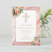 Goud Cross Peach Roze Bloemen Meisje Doop Kaart (Staand voorkant)