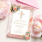 Goud  Cross Peach Roze Bloemen Meisje Doop Kaart