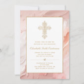 Goud Cross Peach Roze Meisje Doop Kaart (Voorkant)