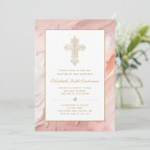 Goud Cross Peach Roze Meisje Doop Kaart (Staand voorkant)