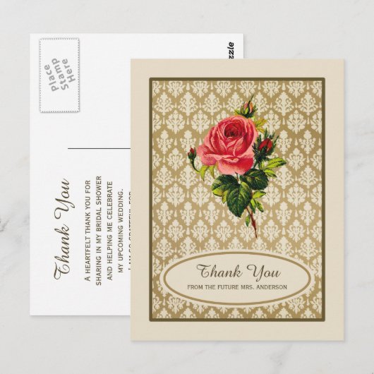 Goud Damask Roos Vrijgezellenfeest Dank u Briefkaart (Voorkant / Achterkant)