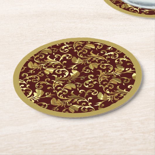 Goud  Damasks Donkerbruin Ronde Kartonnen Onderzetter (Gebogen)