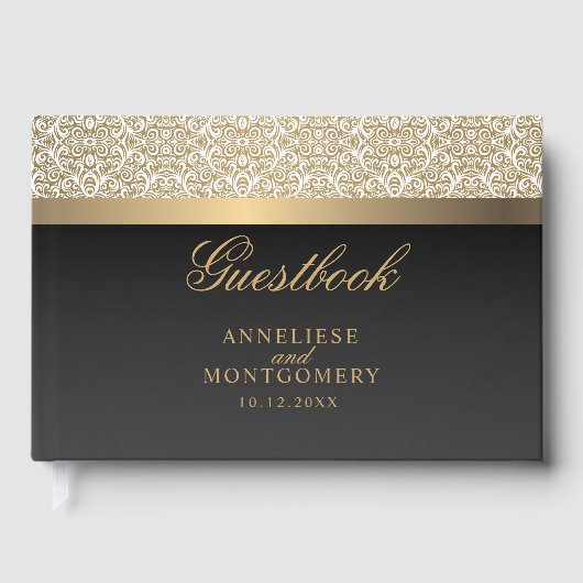 Goud damast patroon en zwart gastenboek (Voorkant)