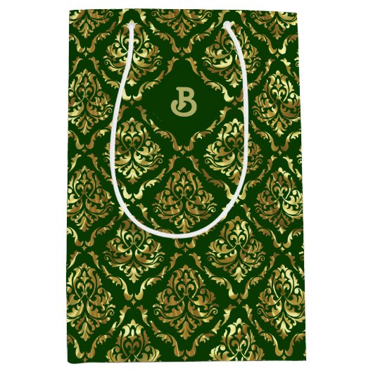 Goud damast patroon op donkergroen medium cadeauzakje (Voorkant)