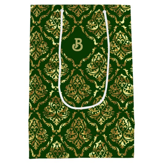 Goud  damast patroon op donkergroen medium cadeauzakje (Achterkant)