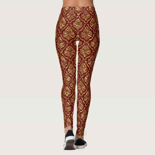 Goud  damastpatroon op donkerrood leggings (Achterkant)