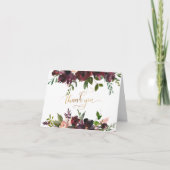 Goud Dank je Script, Red Bourgondië & Blush Floral Bedankkaart (Voorkant)