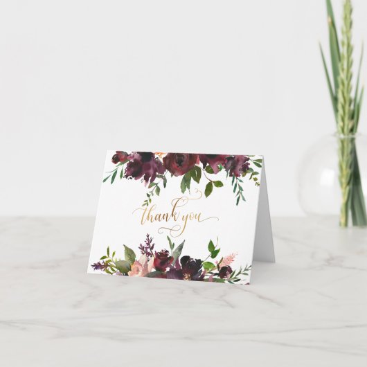 Goud Dank je Script, Red Bourgondië & Blush Floral Bedankkaart (Voorkant)