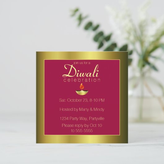 Goud Deepas in Om op Bright Bourgogne uitnodiging (Staand voorkant)