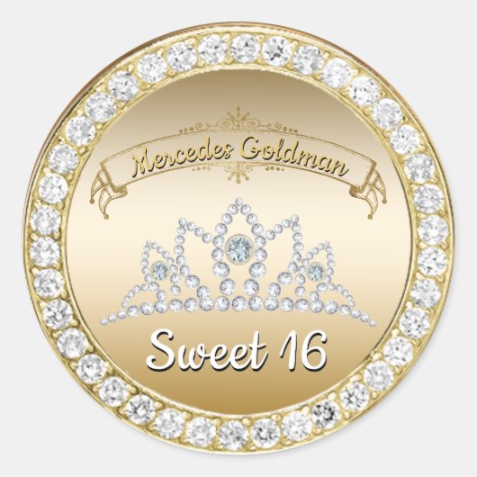 Goud & Diamant Tiara Prinses Lief 16 Verjaardag Ronde Sticker (Voorkant)