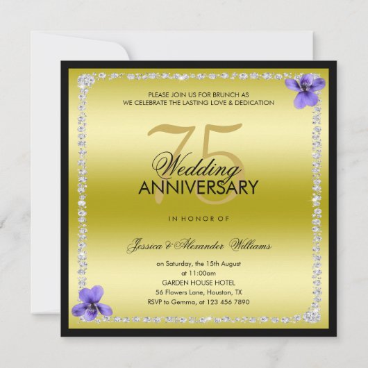 Goud, diamanten en viooltjes 75ste bruiloft Jubile Kaart (Achterkant)