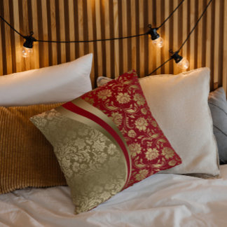 Goud & Diep Rood Bloemen Damast Modern Ontwerp Buitenkussen