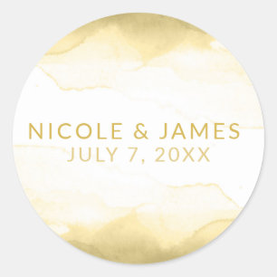 Goud Dijon Mosterd Waterverf Modern Chique Trouwen Ronde Sticker