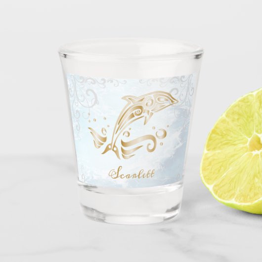 Goud dolfijn, speciaal ontworpen schuimglas shot glas (Voorkant)