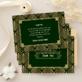 Goud Donker Groen Art Deco 20s Bruiloft Dank u Bedankkaart