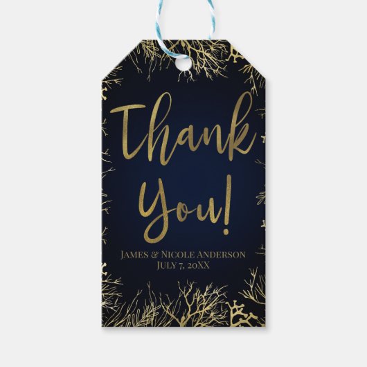 Goud & Donker Marineblauw Elegant Koraal Bruiloft Cadeaulabel (Voorkant)