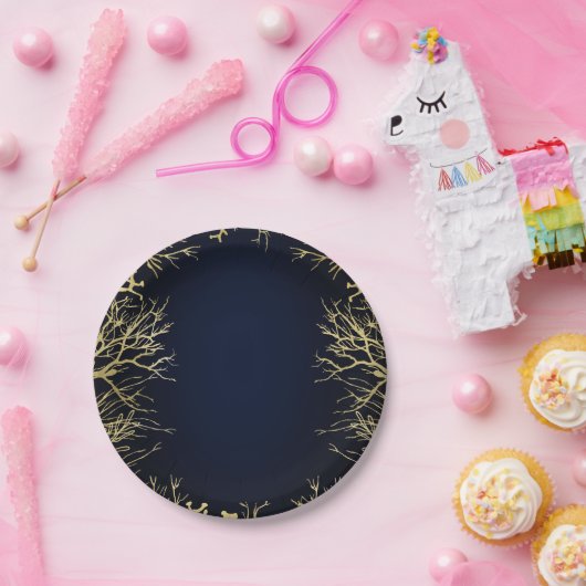 Goud & Donker Marineblauw Elegant Koraal Bruiloft Papieren Bordje (Feest)