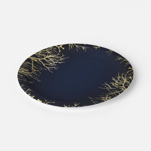 Goud & Donker Marineblauw Elegant Koraal Bruiloft Papieren Bordje (Gekanteld)