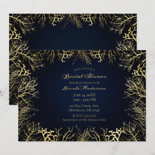 Goud & Donker Marineblauw Elegante Koraal Bruidsdo Kaart