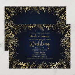 Goud & Donker Navy Blauwe Elegante Koren Wedding Kaart