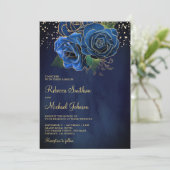 Goud Donker Royal Blue Floral Alles in één bruilof Kaart (Staand voorkant)