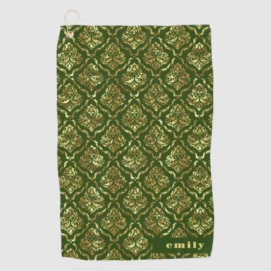 Goud & Donkergroen  Damaskpatroon Monogram Golfhanddoek (Voorkant)