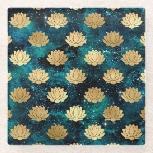 Goud & Donkergroen Galaxy Dharma Mandala Patroon Glazen Onderzetter