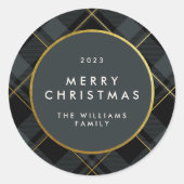 Goud & Donkergroen Tartan Plaid Vrolijk Kerstfeest Ronde Sticker (Voorkant)