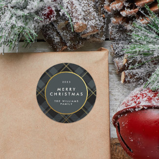 Goud & Donkergroen Tartan Plaid Vrolijk Kerstfeest Ronde Sticker