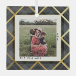 Goud & Donkergroen Tartan Vrolijk Kerstfeest Foto Glas Ornament