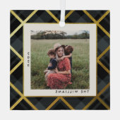 Goud & Donkergroen Tartan Vrolijk Kerstfeest Foto Glas Ornament (Achterkant)