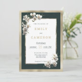 Goud donkergroen wit elegante orchidee bruiloft kaart (Staand voorkant)