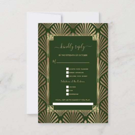 Goud donkergroene Art Deco huwelijksaanvraag RSVP Kaartje (Voorkant)