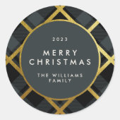 Goud & donkergroene tartan geruite Kerstmis Wensen Ronde Sticker (Voorkant)