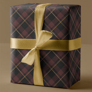 Goud & Donkerrode Tartan Plaid Kerstmis Cadeaupapier