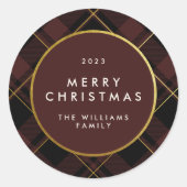 Goud & Donkerrode Tartan Plaid Vrolijk Kerstfeest Ronde Sticker (Voorkant)