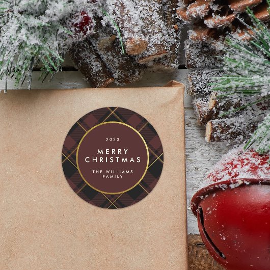 Goud & Donkerrode Tartan Plaid Vrolijk Kerstfeest Ronde Sticker