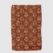 Goud & Donkerrood Damaskpatroon Monogram Golfhanddoek (Voorkant)