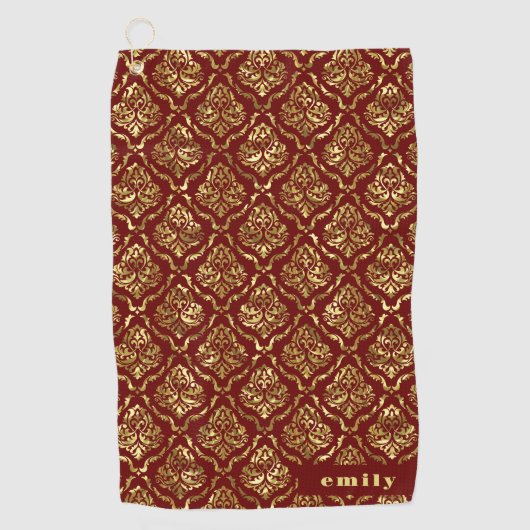 Goud & Donkerrood  Damaskpatroon Monogram Golfhanddoek (Voorkant)