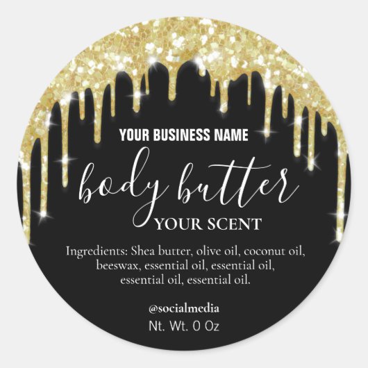 Goud Dripping Glitter op zwarte body Butter labels (Voorkant)