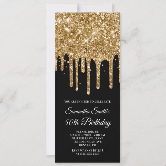 Goud Dripping Glitter Zwart 50ste verjaardag Kaart (Voorkant)