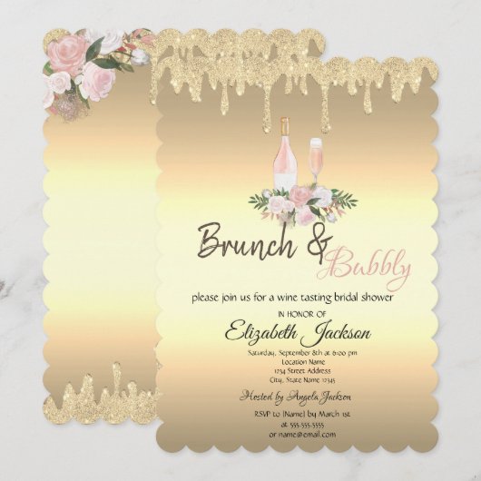Goud Drips Brunch & Bubbels Bloemen Bruidsdiner Kaart (Voorkant / Achterkant)