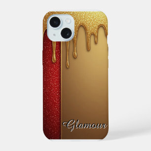 Goud Druppelende Glitter Rode Glam Kerstcadeau iPhone 15 Case