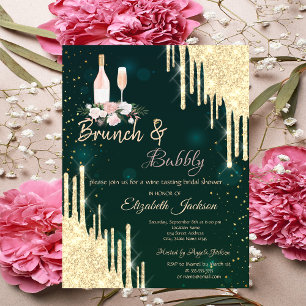 Goud drupt groen brunch & bubbels bruidsfeest kaart